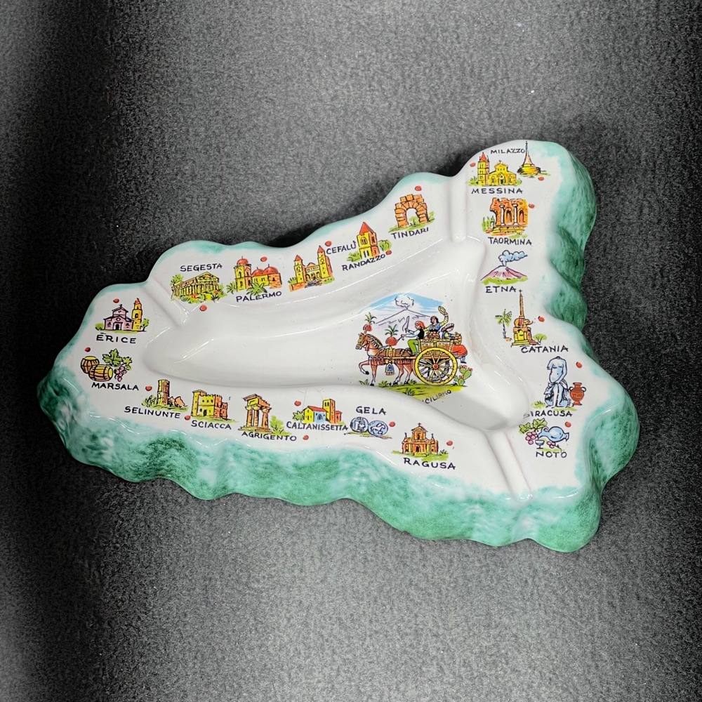 Vintage Sicily Italy Souvenir Ashtray Ceramic Map Landmarks Decorative Travel